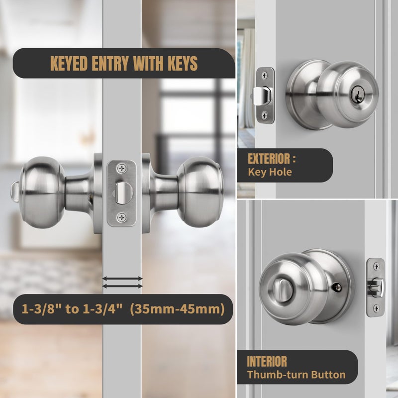 Gaurqiah Keyed Entry Door Knob, Flat Ball Interior Door Knob with Lock, Round Exterior Doorknob for Front/Entrance Doors, Stain Nickel - Image 3